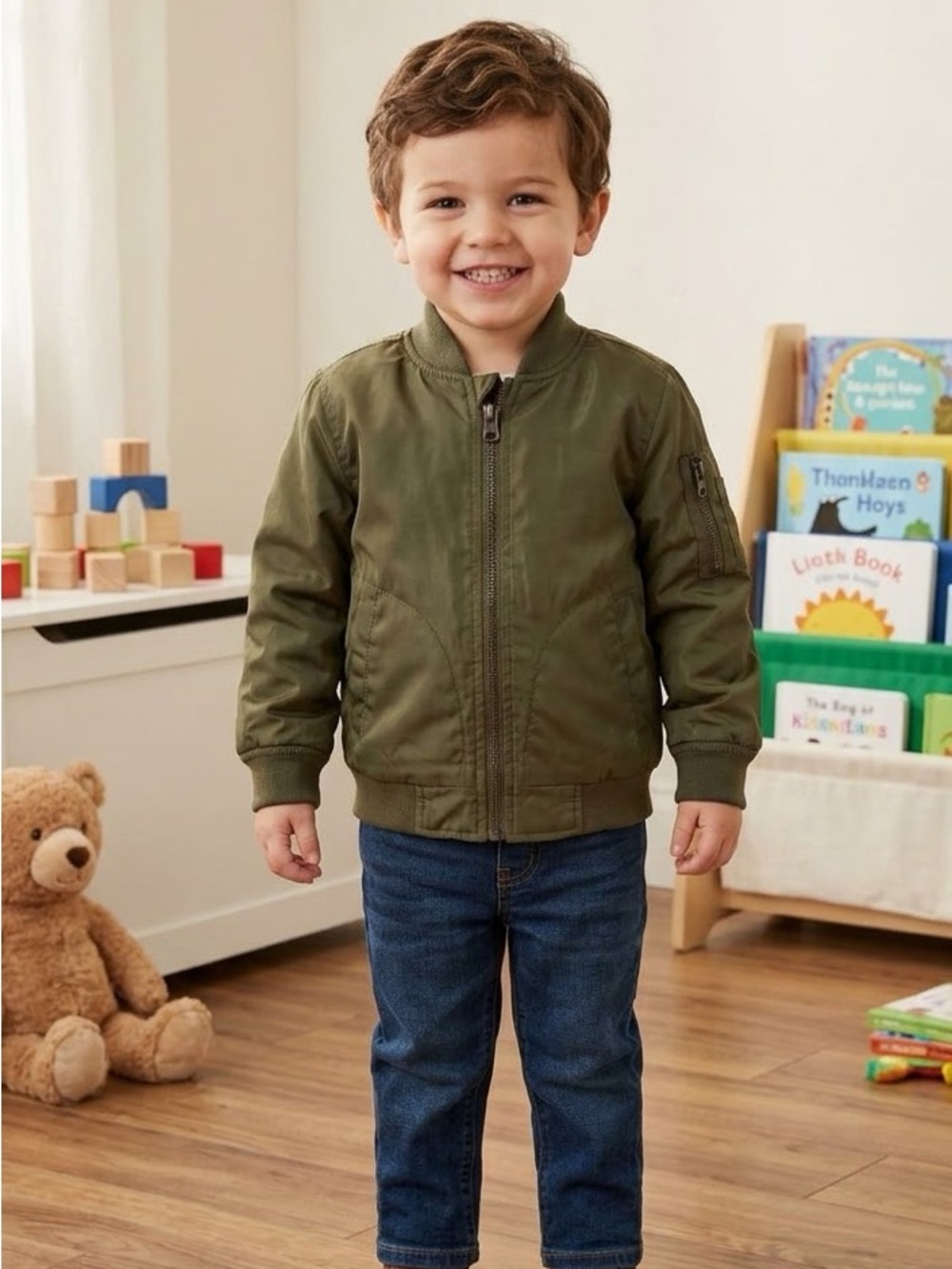 Toddler Boy Olive Green Bomber Jacket - Classic Casual Outerwear